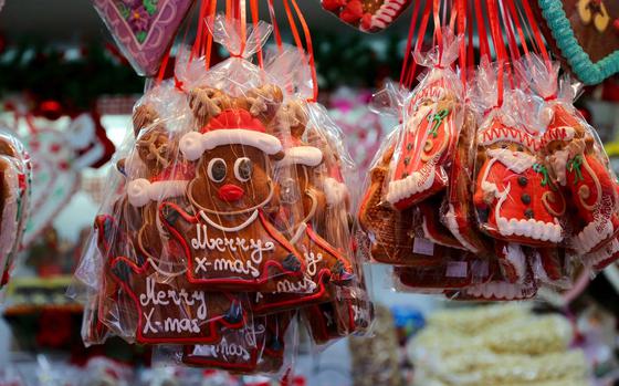 Iced ginger Christmas cookies await customers at the Christmas Market in Kaiserslautern, Germany, on Monday Nov. 27, 2017. Police announced security measures would be tight during the event in Kaiserslautern and those held throughout Germany.