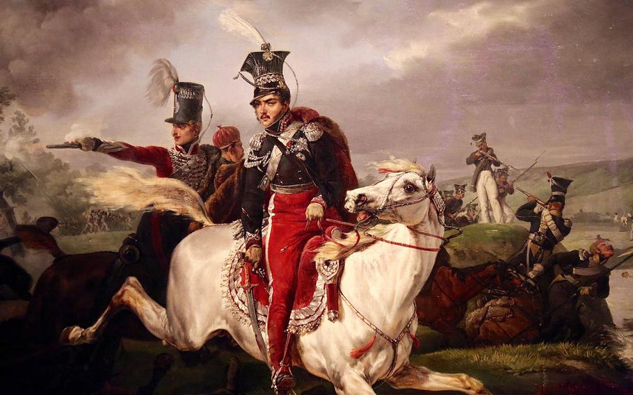 Detail of ''Death of Prince Jozef Poniatowski in the Battle of Leipzig, 1816'' by the French painter Horace Vernet. This work is one of 250 currently on exhibit in Bundeskunsthalle in Bonn.