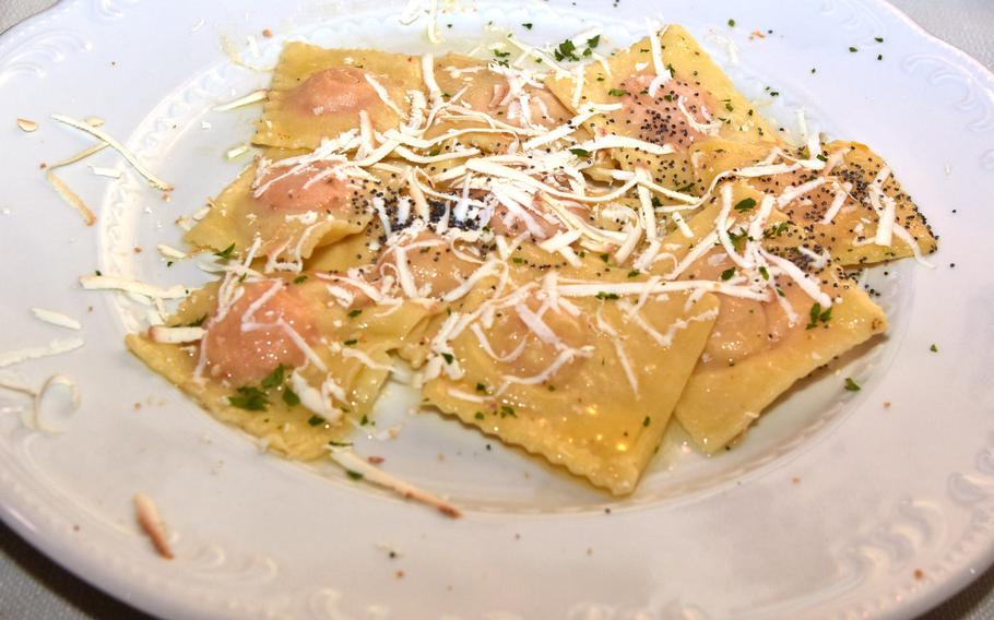 Ravioli filled with pumpkin was a recent first-course offering at La Casa Gialla, a restaurant outside Prata di Pordenone, about a 20-minute drive from Aviano Air Base, Italy.