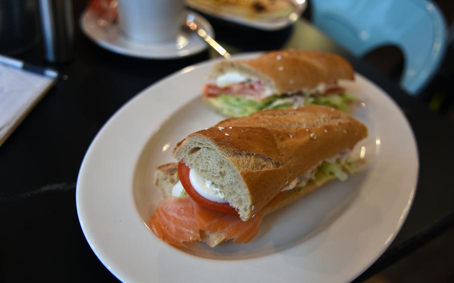 Smoked salmon and hard-boiled egg on a potato baguette made for a hearty sandwich at Le Petit Frederic in Kaiserslautern, Germany.