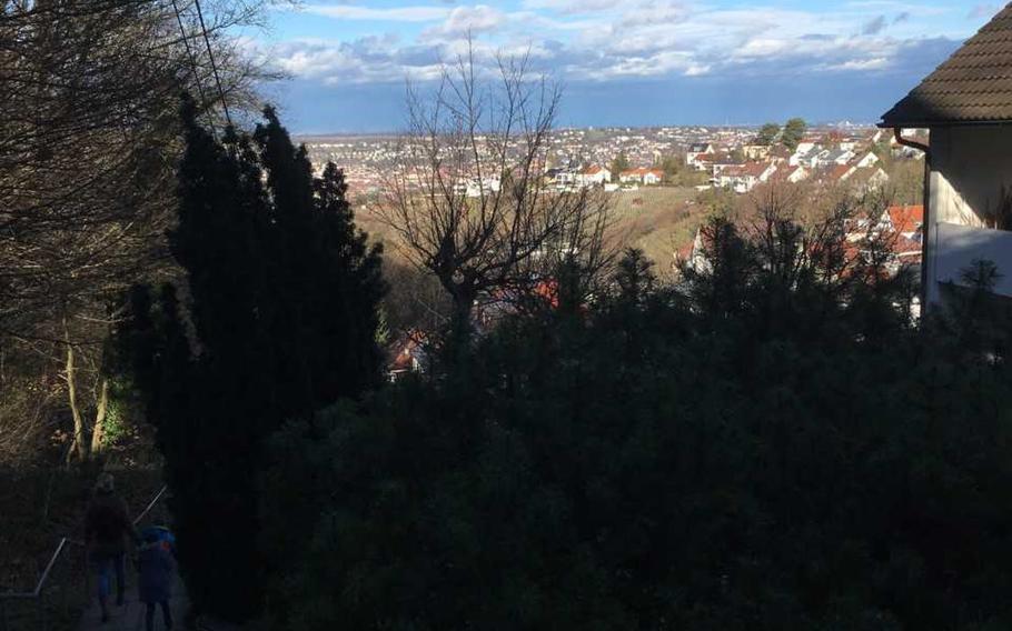 The walk along the Blaustruemflerweg begins in the Degerloch section of Stuttgart, where you must descend a steep set of steps before entering the woods.