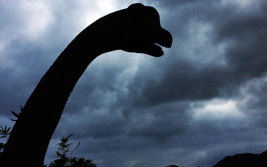 A Brontosaurus head at Dino Park in Okinawa, Japan, informs patrons that they have entered a lost world.