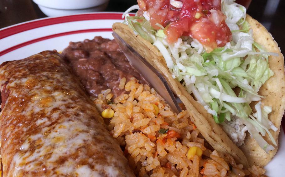 The Hungry Hombre special at Mike's Tex-Mex near Yokota Air Base, Japan, includes an enchilada, taco, burrito, rice and beans.