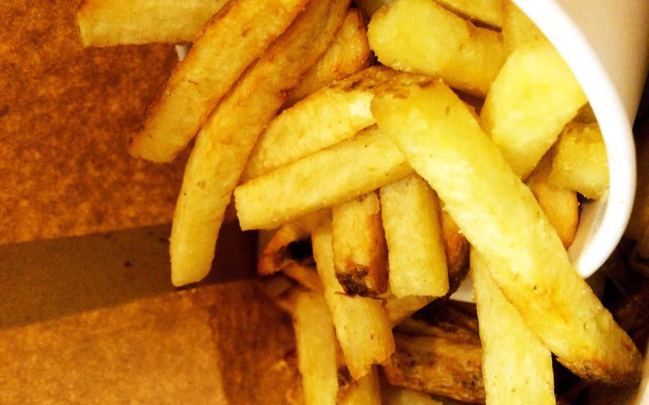 French fries at Five Guys in Frankfurt, Germany. The chain's famous fries are fresh cut and fried to order.