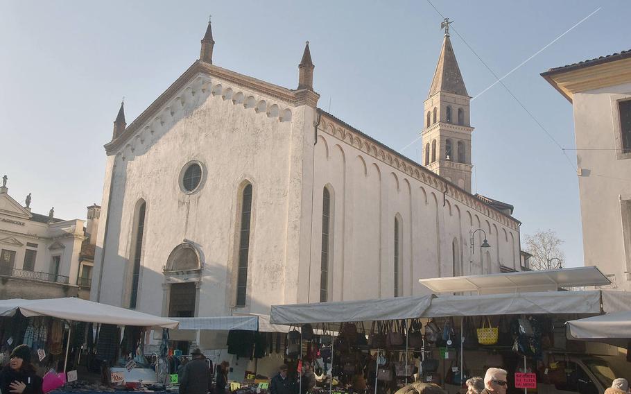 Every Wednesday, a large market fills most of the downtown area in Oderzo, Italy, including the piazza in front of the Duomo (Cathedral).