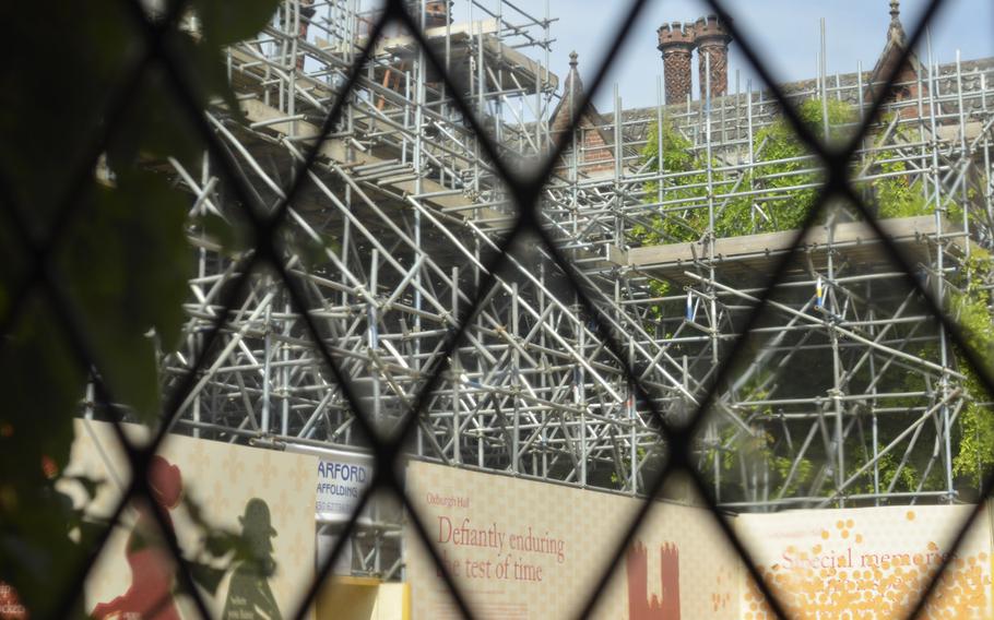 Scaffolding stands inside the courtyard of Oxburgh Hall in Oxborough, England. The moated country house is currently undergoing a nearly million-pound renovation to restore the property to its 19th century splendor.