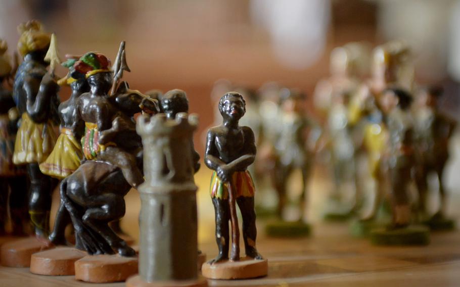 A chess set is one of the items on display inside the library at Oxburgh Hall, a moated home in Oxborough, England, built more than 500 years ago.