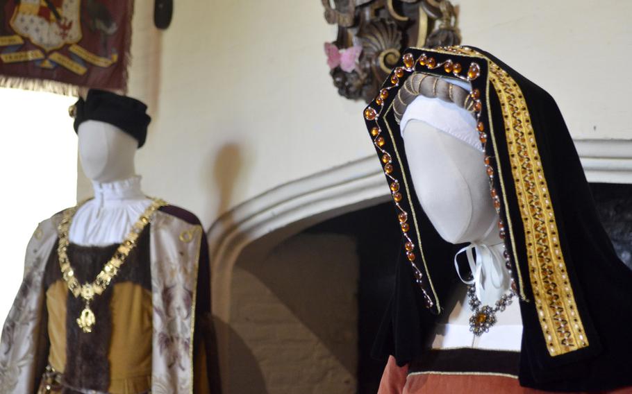 Replica Tudor clothing worn by King Henry VII and Elizabeth of York at Oxburgh Hall in Oxborough, England. King Henry VII slept at the Oxburgh Hall in the late 15th century.