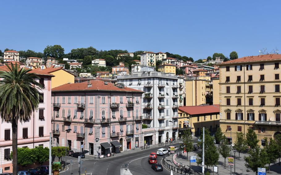 A view of La Spezia, Italy, from near the central train station. While not quite as striking as the colorful houses stacked along the cliffs in nearby Cinque Terre, La Spezia features some bright, attractive city vistas.