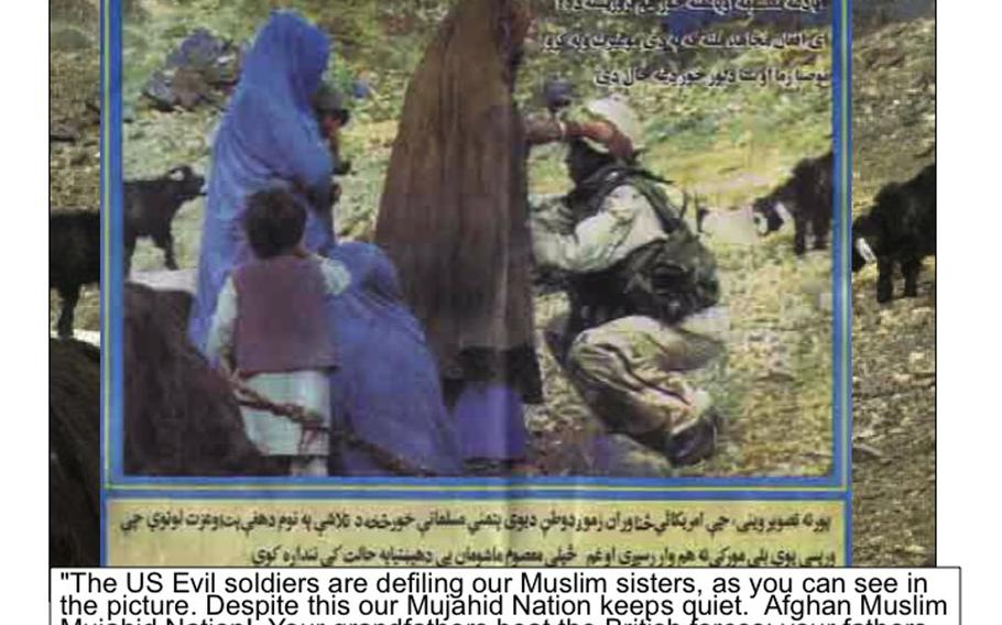 An example of Taliban propaganda, showing a U.S. female soldier searching a female Afghan and presenting the situation as a male U.S. soldier defiling a woman. 