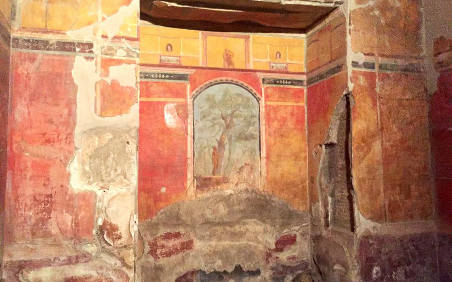 The caldarium frescoes at the Oplontis Villa depict Hercules in the garden of Hesperides. The ash from Mount Vesuvius' eruption preserved the villa's frescoes, many of them in fine detail.