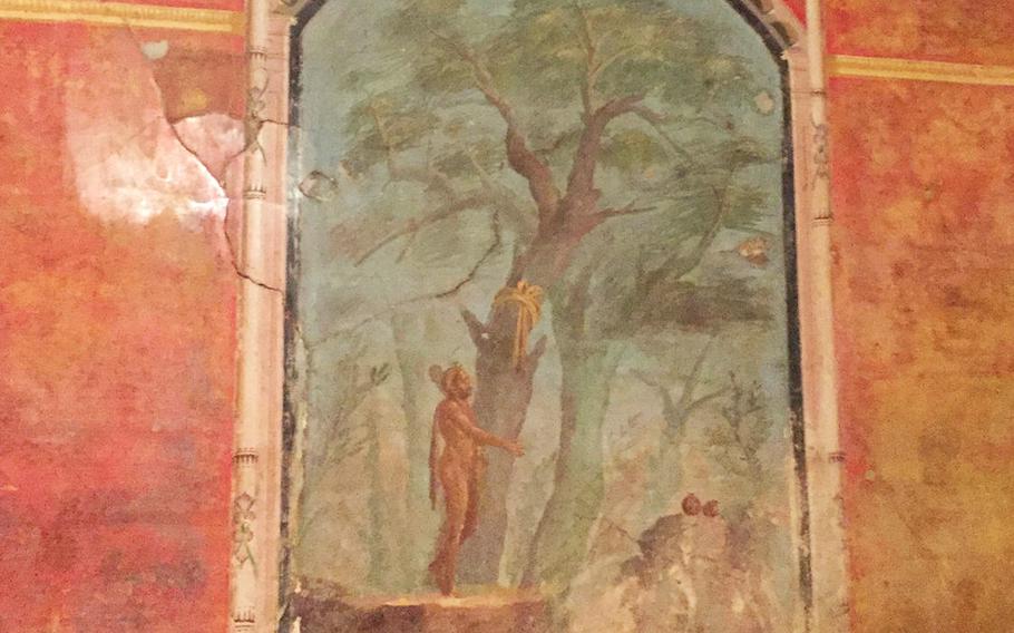A closer view of the fresco of Hercules at the Oplontis Villa near Pompeii.