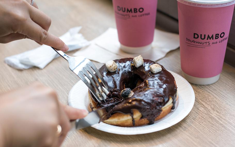 The Marshmallow Chocolate doughnut from Dumbo Doughnuts and Coffee in Tokyo tastes a lot like a cup of cocoa.