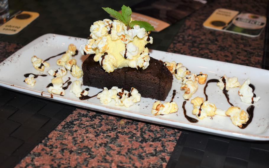 Burger Zone in Kaiserslautern, Germany, offers a few dessert options, including this brownie topped with ice cream and popcorn.