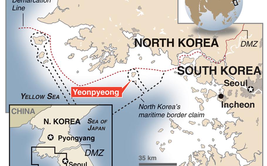 Close-in map locating the DMZ and the 1953 maritime demarcation line between North and South Korea. South Korea sent troops to islands in the Yellow Sea following a North Korean attack.  