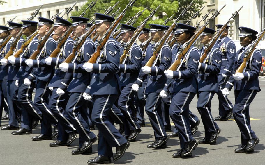 An honor guard from the United States Air Force marches down Washington's Constitution Avenue during Monday's National Memorial Day Parade.