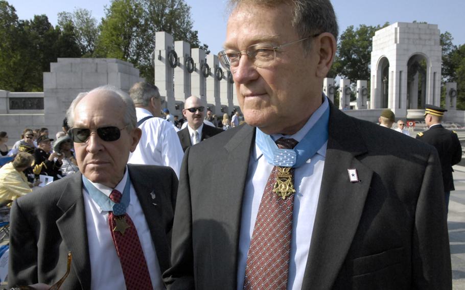 Medal of Honor recipients Thomas J. Hudner, Jr., left, and Roger H.C. Donlon were among the honored guests at Monday's Memorial Day ceremony at the Mational World War II Memorial.