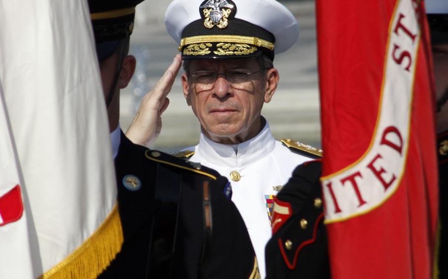 Adm. Mike Mullen, chairman of the Joint Chiefs of Staff, at Monday's ceremony at the National World War II Memorial.