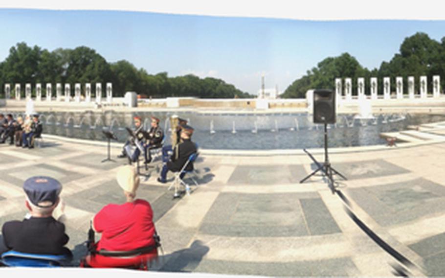 A panoramic view taken during Monday's ceremony at the National World War II Memorial.