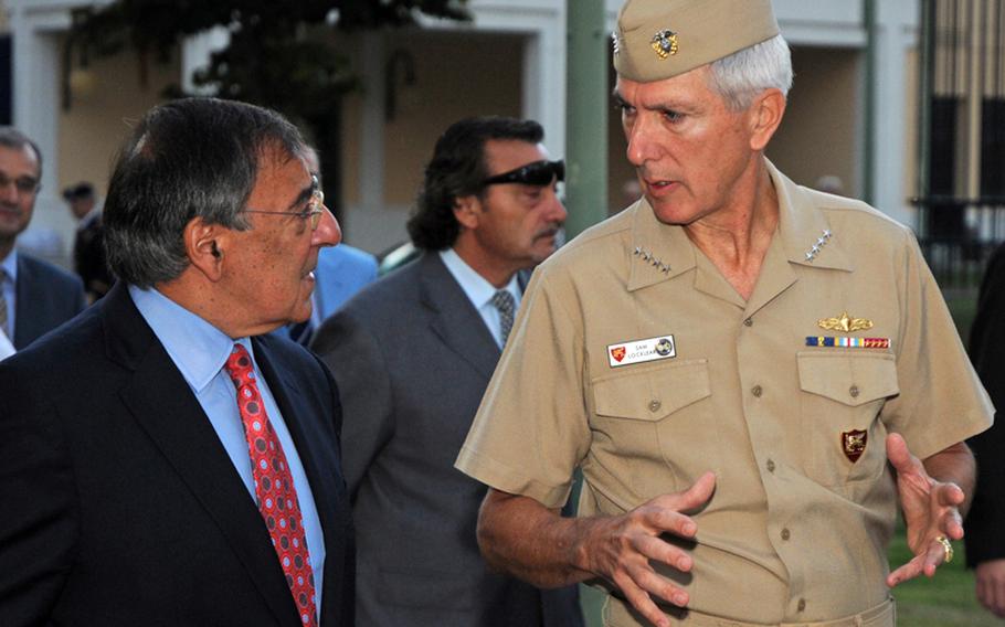 Adm. Samuel Locklear III, right, commander, U.S. Naval Forces Europe-Africa, and commander, Allied Joint Forces Command Naples, talks with Secretary of Defense Leon Panetta on the way to a briefing at Naval Support Activity Naples, Italy, in October, 2011. Locklear has been nominated to be the next commander of U.S. Pacific Command.