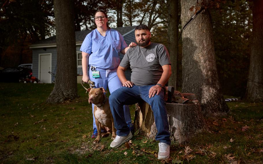 Chelsey Simoni and her husband, Kyle Simoni, in North Attleborough, Mass. Chelsey founded an organization that helps veterans facing health issues due to exposure to toxic chemicals. 
