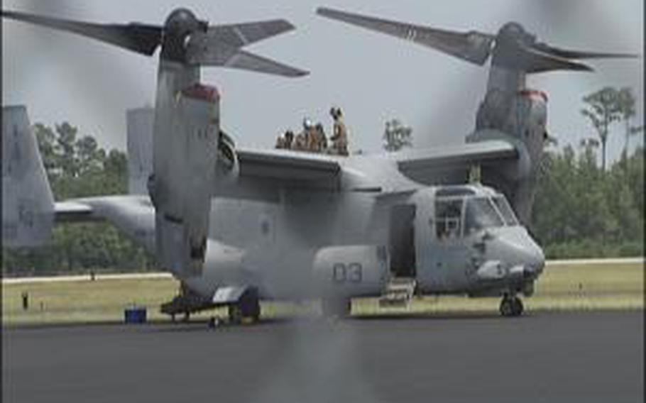 This MV-22B Osprey made an emergency landing at North Carolina’s Wilmington International Airport due to some trouble with the plane’s drive shaft during a training flight July 9, 2012.
