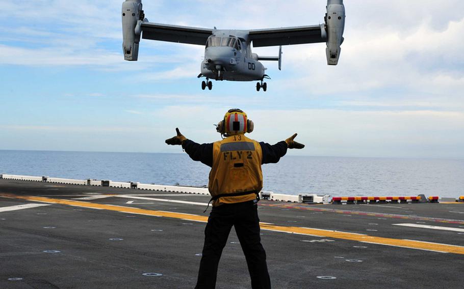An MV-22 Osprey lands on the USS Makin Island amphibious assault ship in the Pacific Ocean on March 1, 2011.