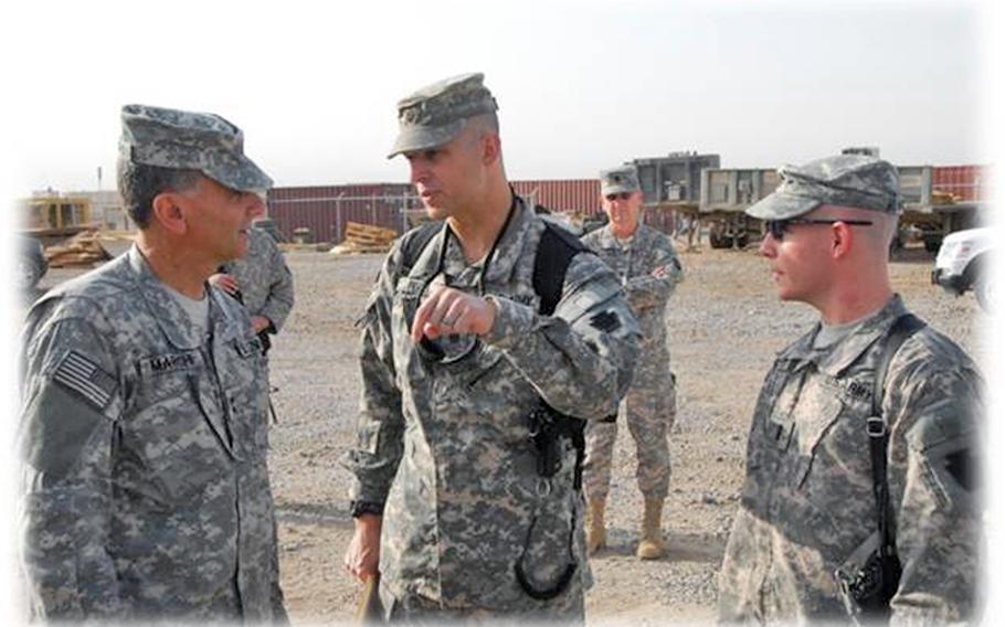 Republican Scott Perry, who is running for a U.S. House seat in Pennsylvania’s 4th district, pictured at the Ali Air Force Base in Iraq in August 2009. Perry, who was battalion commander of the 2nd Battalion, 104th Aviation is briefing Army Maj. Gen. Randall Marchi, then the Commanding General of the 28th Infantry Division.