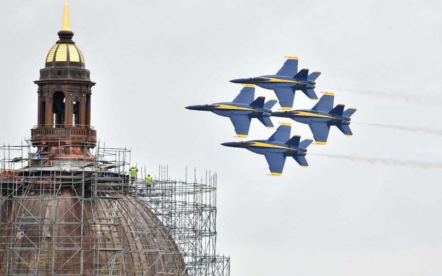 The Blue Angels perform their Naval Academy Commissioning Week air show over Annapolis, Md., Wednesday, May 26, 2021.