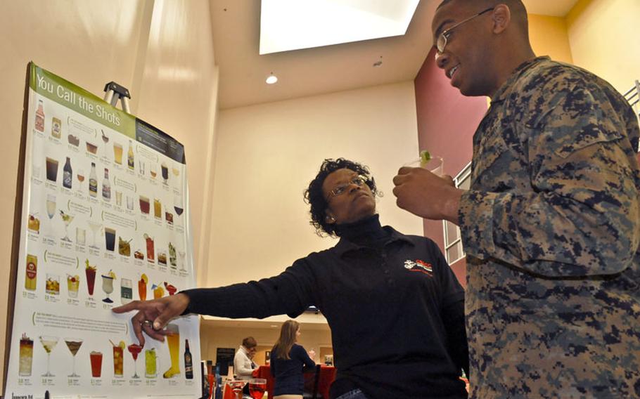 Pamela Moment, drug demand reduction coordinator at the Consolidated Substance Abuse Counseling Center, explains to Brandon Harrisel, an administration specialist at Training and Education Command, the risk of drinking a considerable amount of alcohol during the Semper Fit-Health Promotion Happy Holiday Happy Hour on Dec. 12, 2012. The annual event teaches alternatives to drinking alcohol and the dangers of binge drinking. 
