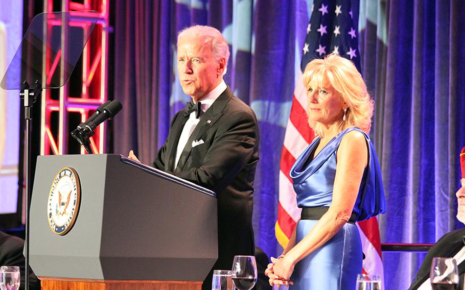 Vice President Joe Biden, along with his wife Dr. Jill Biden, address the audience gathered at the Salute to Heroes Inaugural Ball in Washington, on Monday, Jan. 21, 2013.