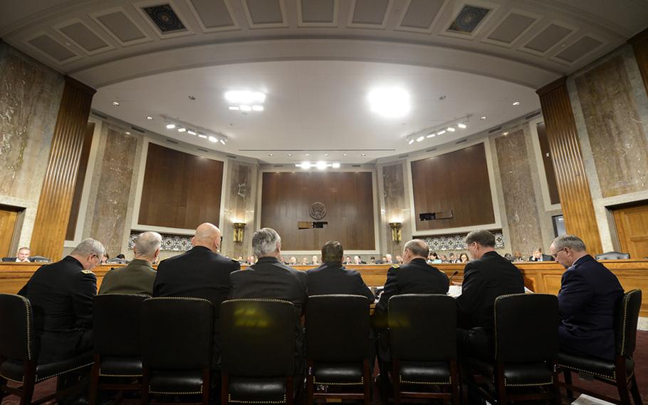 The Joint Chiefs of Staff testify with a panel of Defense Department witnesses on Capitol Hill, Feb. 12, 2013, during a hearing before the Senate Armed Services Committee about the potential impact of sequestration and a full-year continuing resolution. 