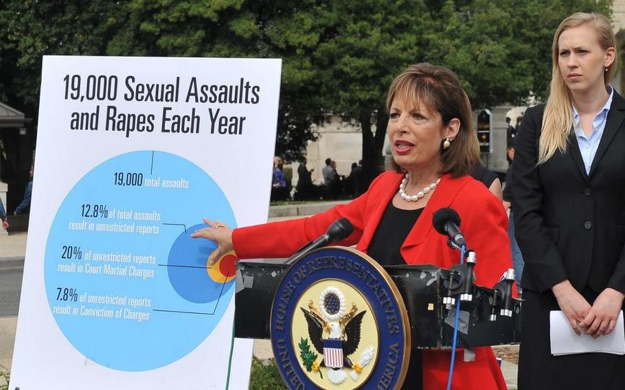 Rep. Jackie Speier, D-Calif., speaks at the U.S. Capitol, April 17, 2013, next to a graphic that says there are an estimated 19,000 rapes and sexual assaults in the military each year.