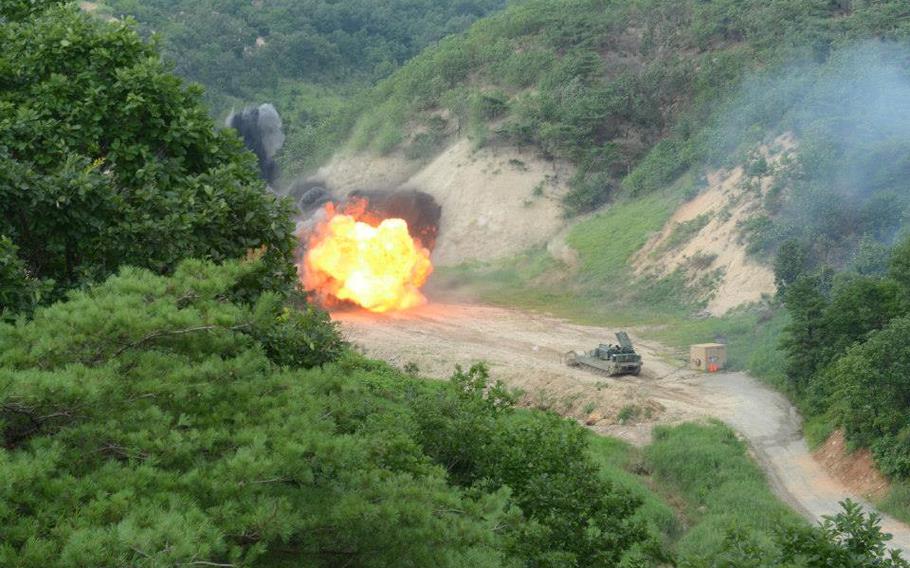 Soldiers from the 2nd Infantry Division train with an Assault Breacher Vehicle (ABV) -- nicknamed ‘The Shredder’ -- during a media demonstration at the Rodriguez Live Fire Complex in South Korea, Aug. 14, 2013. 