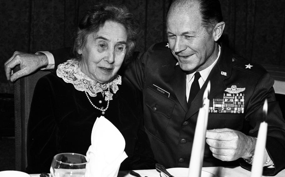 Brig. Gen. Charles E. Yeager, vice-commander of the 17th Air Force at Ramstein Air Base, is reunited with 84-year-old Mrs. Vera Starodvorsky, who hid him from the Germans after his plane was shot down in occupied France in March, 1944.