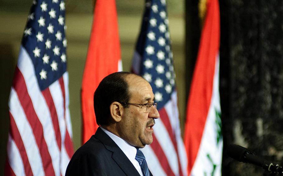 Iraqi Prime Minister, Nouri al-Maliki gives a speech at Victory Base Complex, Iraq, on Dec. 1, 2011. The ceremony commemorated the sacrifices and accomplishments of U.S. and Iraqi servicemembers.