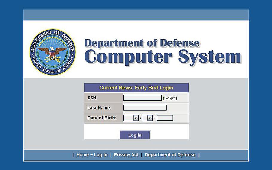 Internet screen grab of the DOD's Early Bird log in.