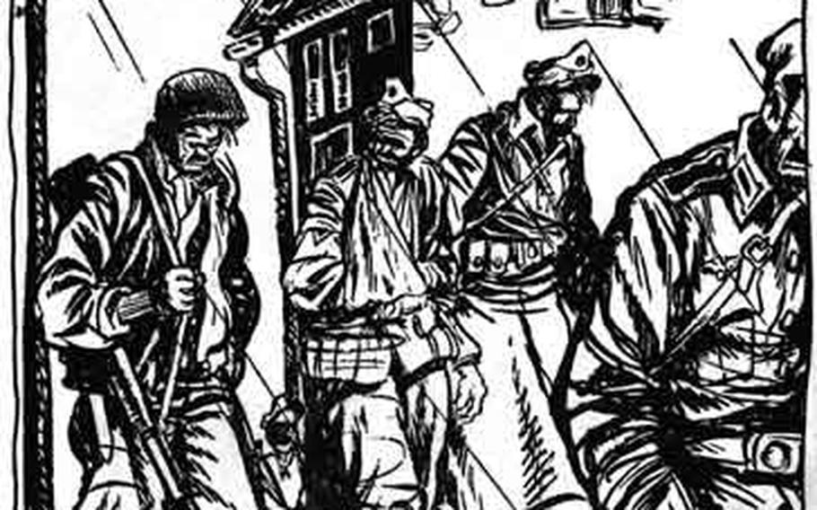 Bill Mauldin's Pulitzer Prize winner: "Fresh, spirited American troops, flushed with victory, are bringing in thousands of hungry, ragged, battle-weary prisoners. (News item)"