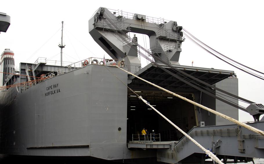 Pictured is the Cape Ray docked at the NASSCO-Earl Shipyard in Portsmouth, Va., January 2, 2014.  The Cape Ray is being utilized as a transport vessel for a Field Deployable Hydrolysis System designed to render chemical warfare material into compounds not usable as weapons.