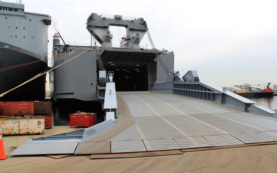 Pictured is the entrance to the Cape Ray docked at the NASSCO-Earl Shipyard in Portsmouth, Va., January 2, 2014.  The Cape Ray is being utilized as a transport vessel for a Field Deployable Hydrolysis System designed to render chemical warfare material into compounds not usable as weapons. 