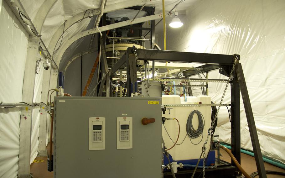 One of two Field Deployable Hydrolysis System aboard the Cape Ray docked at the NASSCO-Earl Shipyard in Portsmouth, Va., January 2, 2014.  The systems are designed to render chemical warfare material into compounds not usable as weapons.