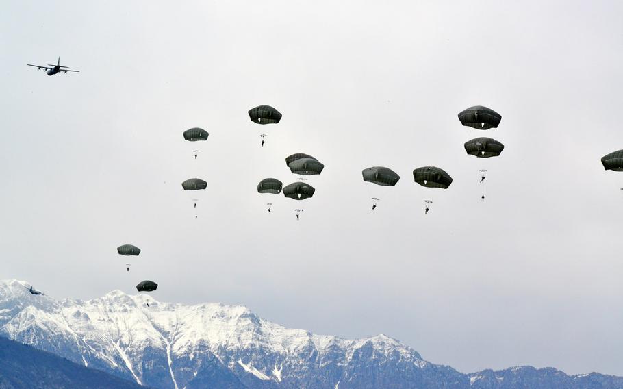The Vicenza-based 173rd Infantry Brigade Combat Team (Airborne) conducted a parachute operation into Juliet Drop Zone at Aviano, Italy, March 26, 2014.