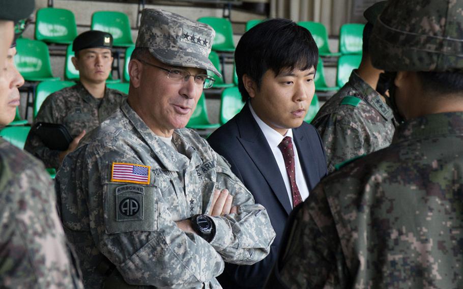 Gen. Curtis M. Scaparrotti, United Nations Command, Combined Forces Command, United States Forces Korea commander, takes a tour of the joint security area and Observation Post Dora near Panmunjom, South Korea, Oct. 3, 2013.