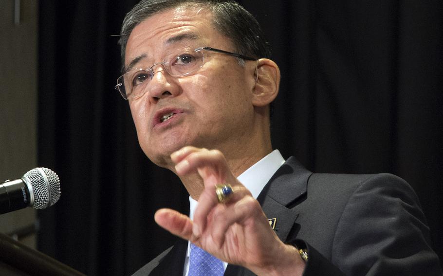 Veterans Affairs Secretary Eric Shinseki addresses veteran homelessness and problems with VA healthcare during a speech Friday, May 30, 2014, in Washington, D.C., shortly before his resignation.