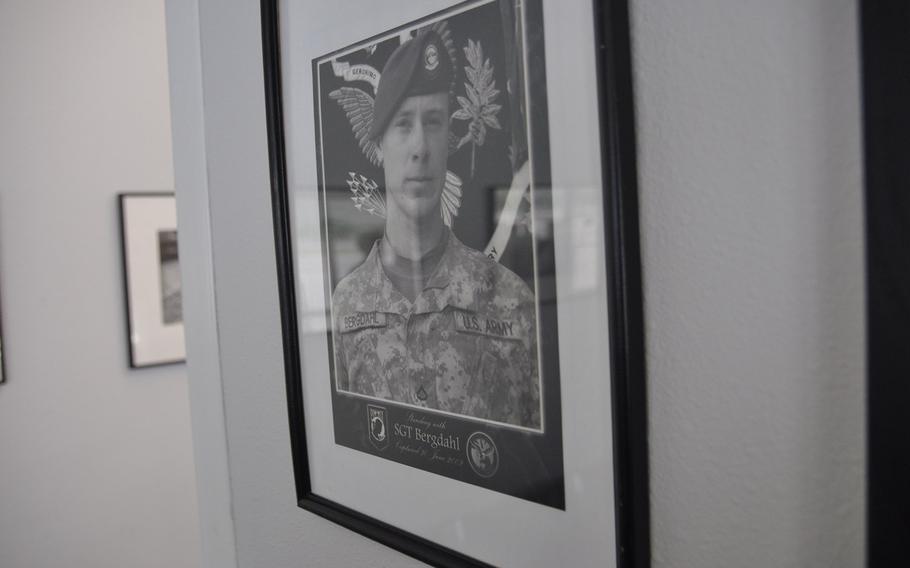 A photo of Bowe Bergdahl hangs in the Friedman Memorial Airport in Hailey, Idaho, his hometown. The open attitude of residents toward outsiders has curdled to wariness amid intense criticism aimed at the town for supporting the former prisoner of war.