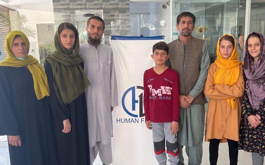 Aman Khalili, third from right, had been in hiding in the weeks after Kabul’s fall to the Taliban in mid-August and the U.S. withdrawal from the country. Khalili and his family were rescued last week in a joint effort by a group of Arizona military veterans, aid organizations and the Department of State.