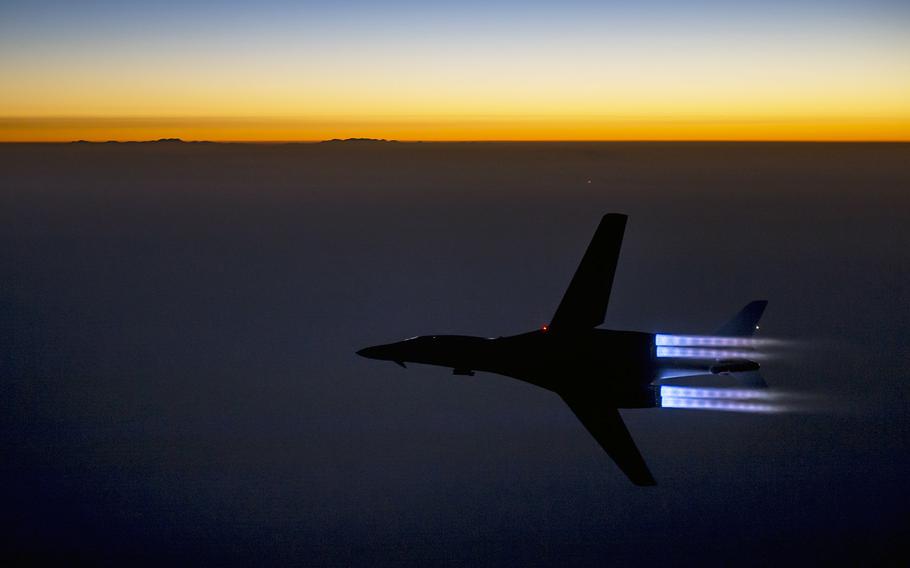 A U.S. Air Force B-1B Lancer flies over northern Iraq after conducting air strikes in Syria against ISIL targets on Sept. 27, 2014. 