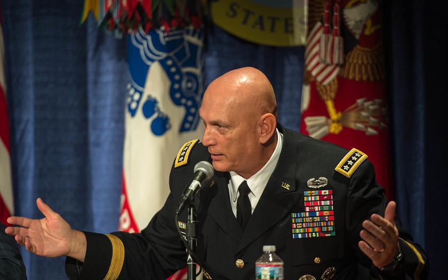 U.S. Army Chief of Staff Gen. Ray Odierno addresses a question from the media during a news conference at the 2014 Association of the United States Army (AUSA) annual convention and exposition in Washington on Oct. 13, 2014.