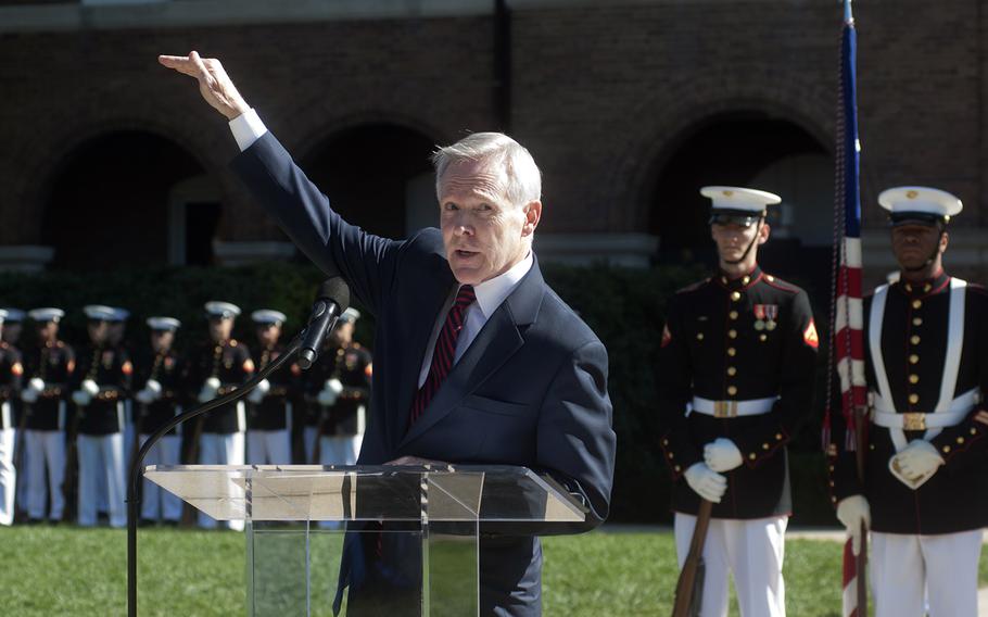 Secretary of the Navy Ray Mabus gives remarks during the Passage of Command in the Marine Barracks in Washington, D.C., on Oct. 17, 2014. The command was transferring from 35th Commandant of the USMC General Amos to General Dunford to the 36th Commandant of the USMC General Joseph Dunford Jr. 