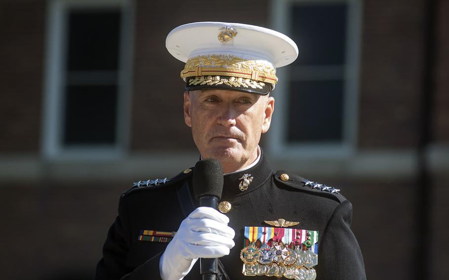 General Dunford - the 36th Commandant of the USMC - speaks at the conclusion of the Passage of Command from General Amos at the Marine Barracks in Washington, D.C., on Oct. 17, 2014.